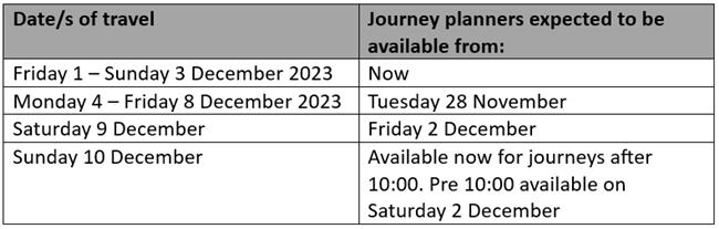 Journey planner - journeys between 4 and 8 Dec available from 28/11. Journeys on 9/12 available from 02/12